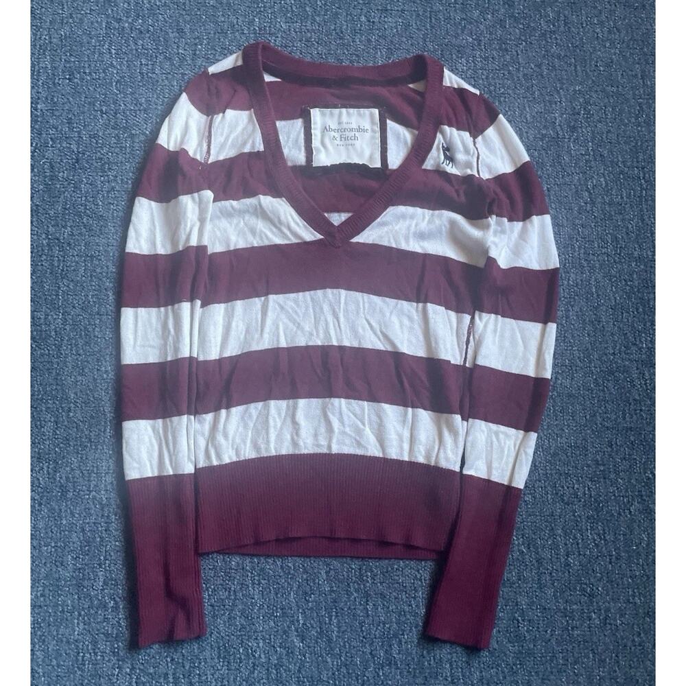 Vintage Y2K Abercrombie & Fitch Striped Scoop Neck Burgundy White Long Sleeve M